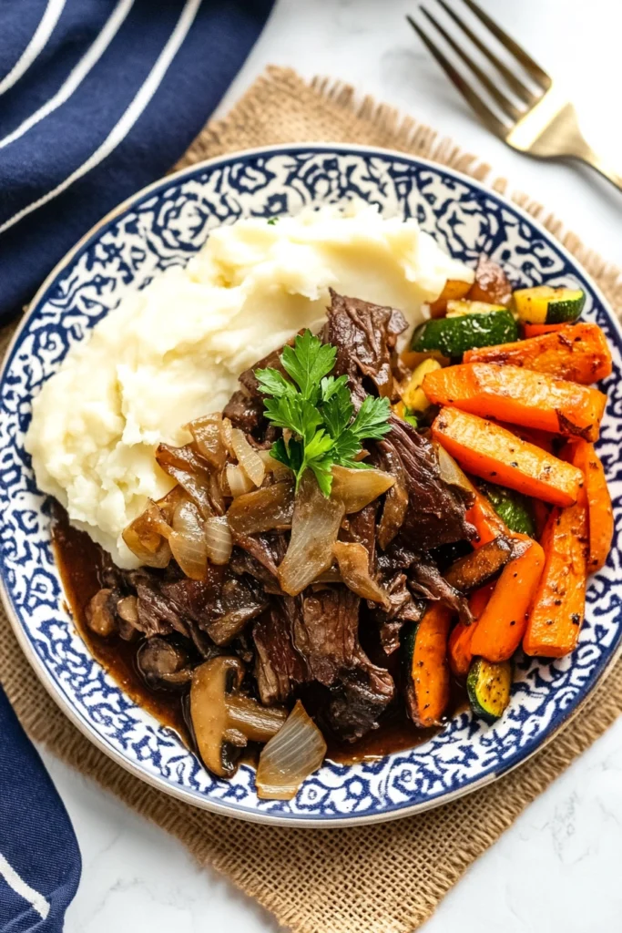 Slow Cooker Braised Beef with Onions & Mushrooms