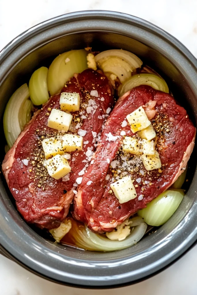 Slow Cooker Braised Beef with Onions & Mushrooms