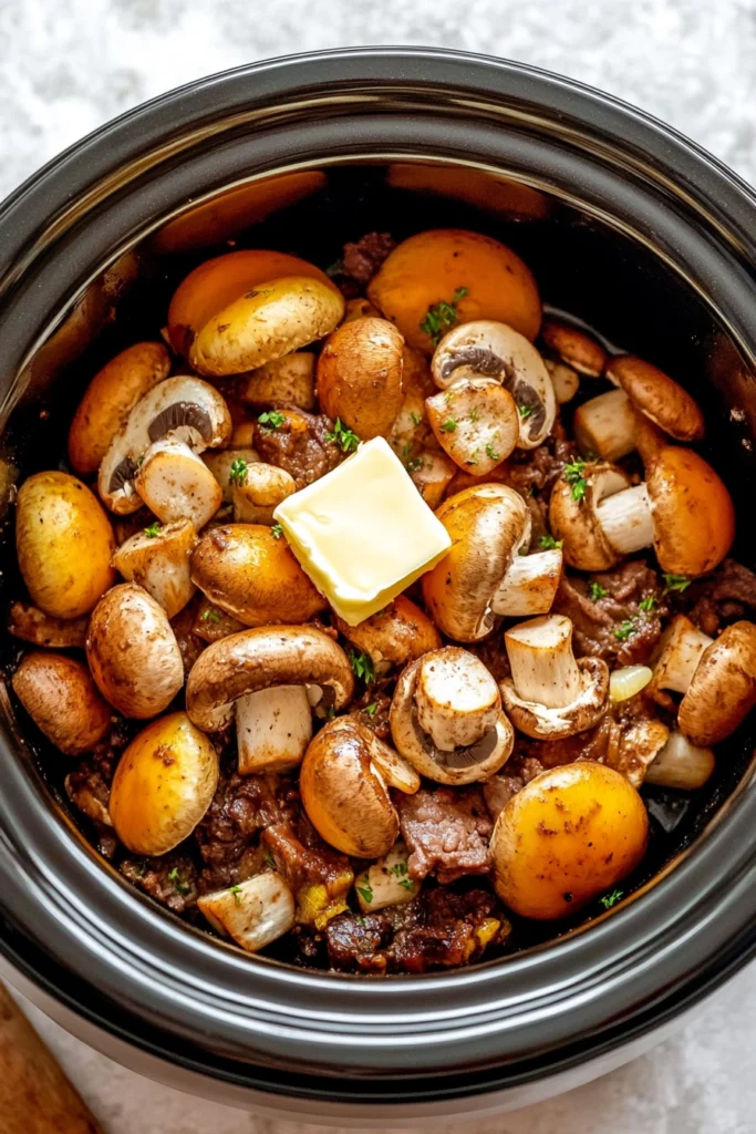 Slow Cooker Braised Beef with Onions & Mushrooms