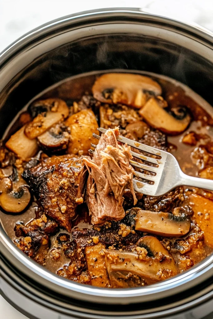 Slow Cooker Braised Beef with Onions & Mushrooms