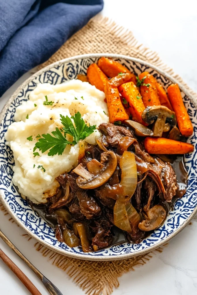 Slow Cooker Braised Beef with Onions & Mushrooms