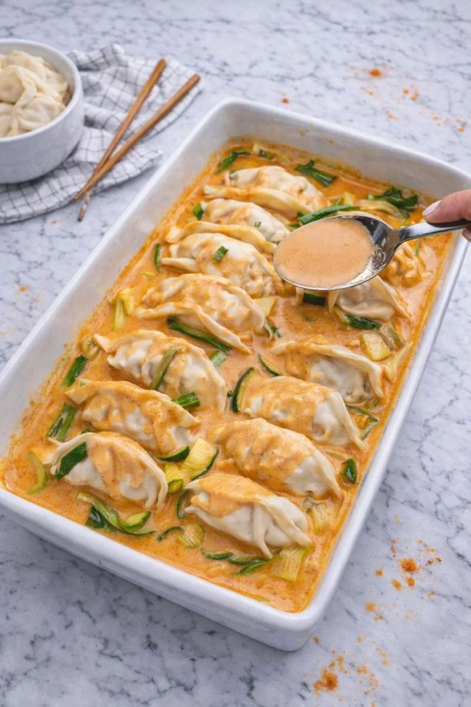 One Pan Baked Dumplings