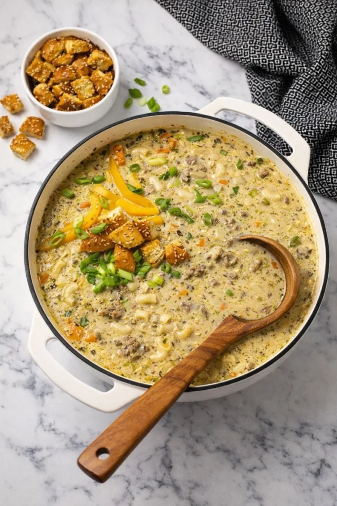 One-Pot Macaroni Cheeseburger Soup - NO VELVEETA!