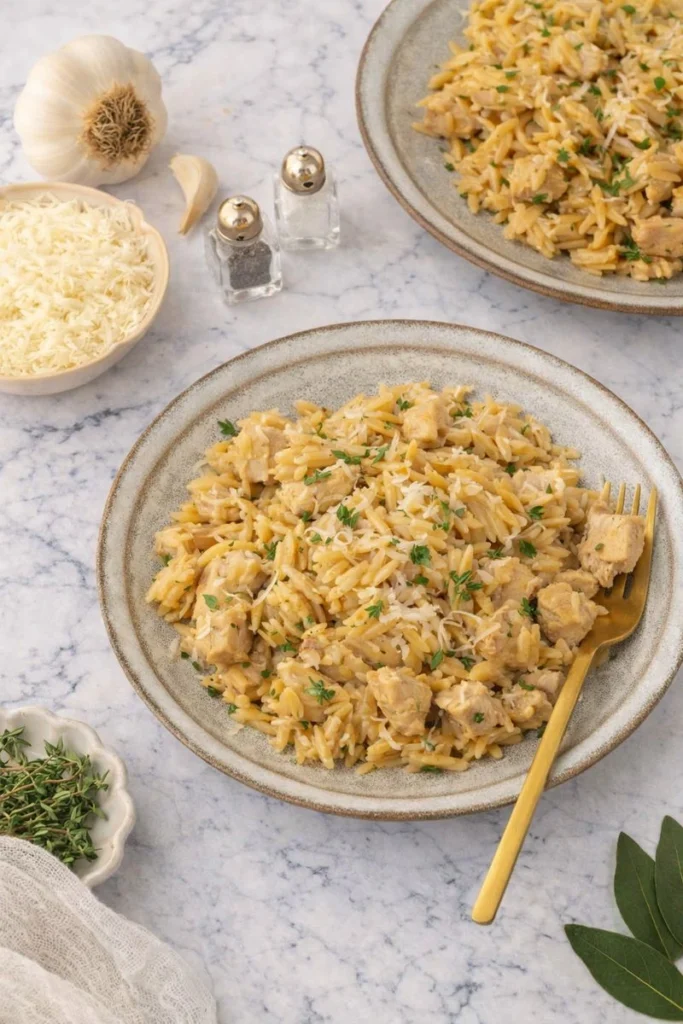 French Onion Chicken Orzo Casserole