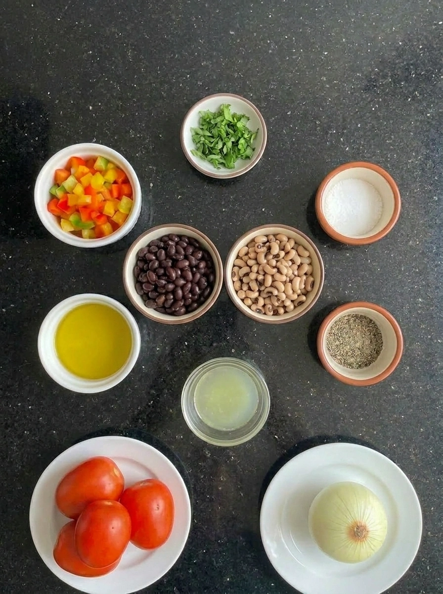 ingredients for cowboy caviar in small containers