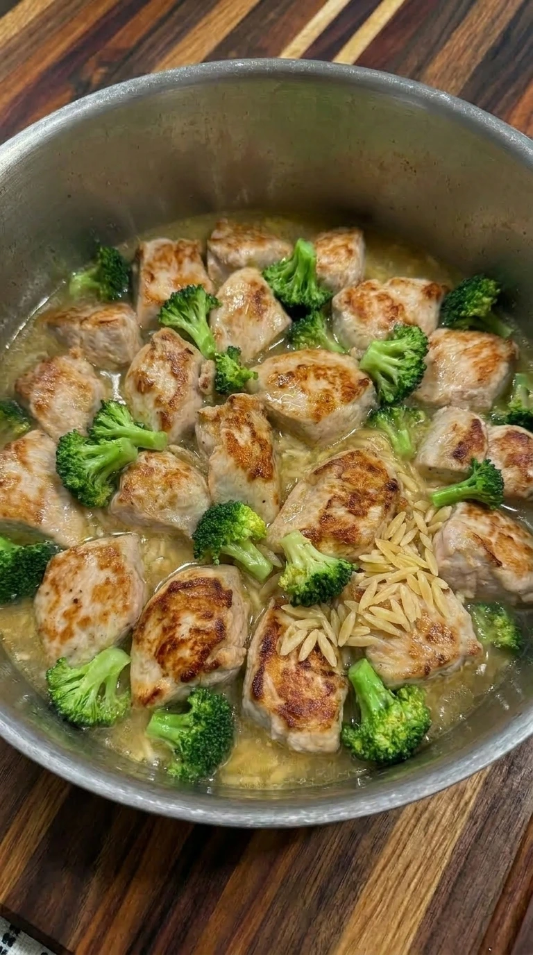 Broccoli cooking with orzo
