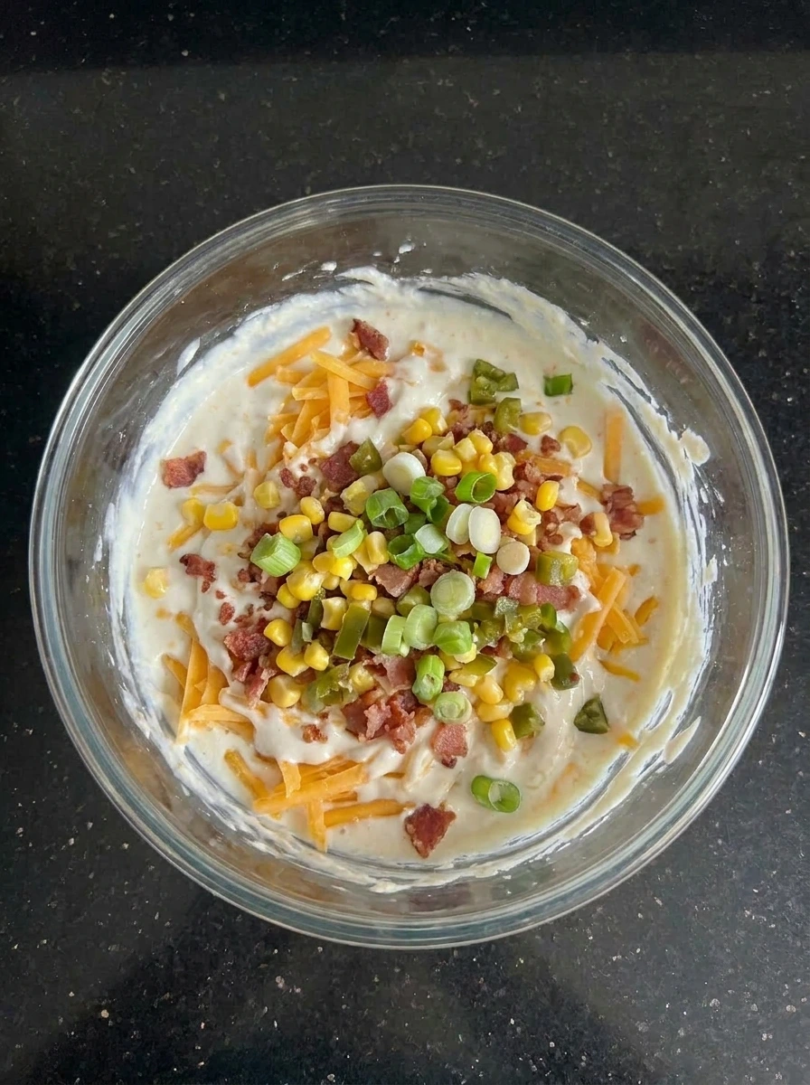 Bacon corn and veggies mixed into dip
