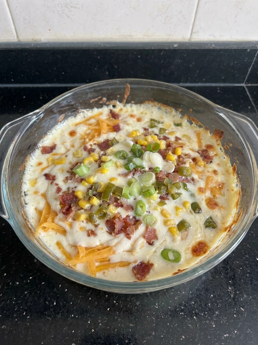 Baked cheesy dip bubbling