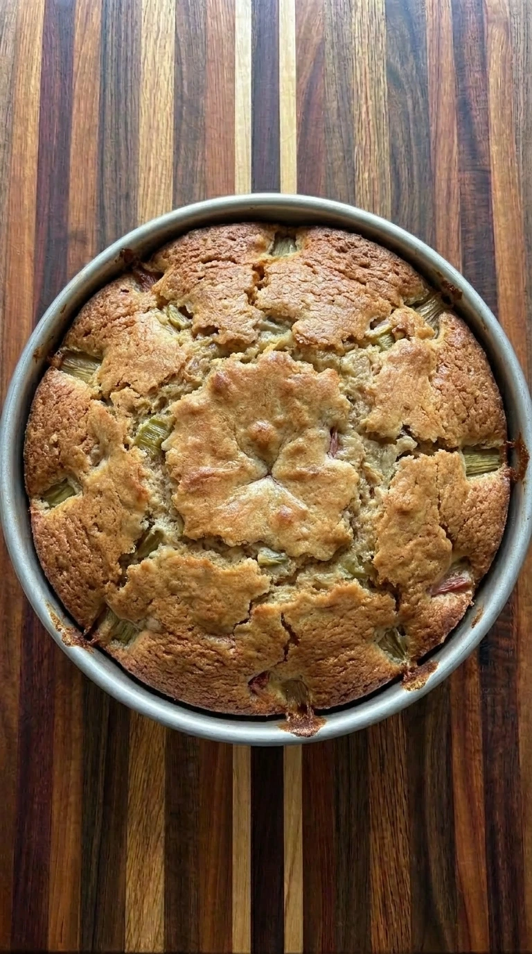 Baked rhubarb cake golden and slightly cracked