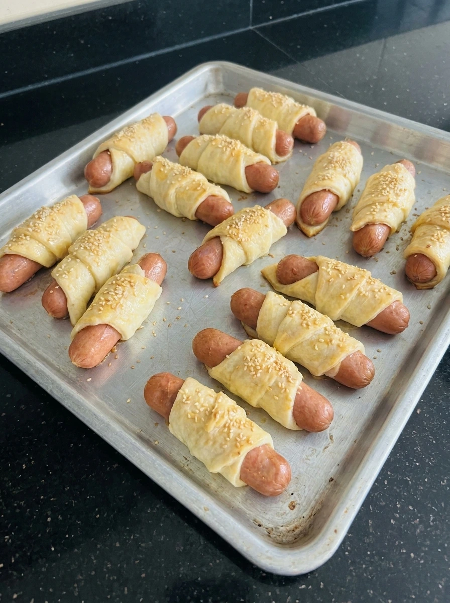 Golden baked pigs in a blanket