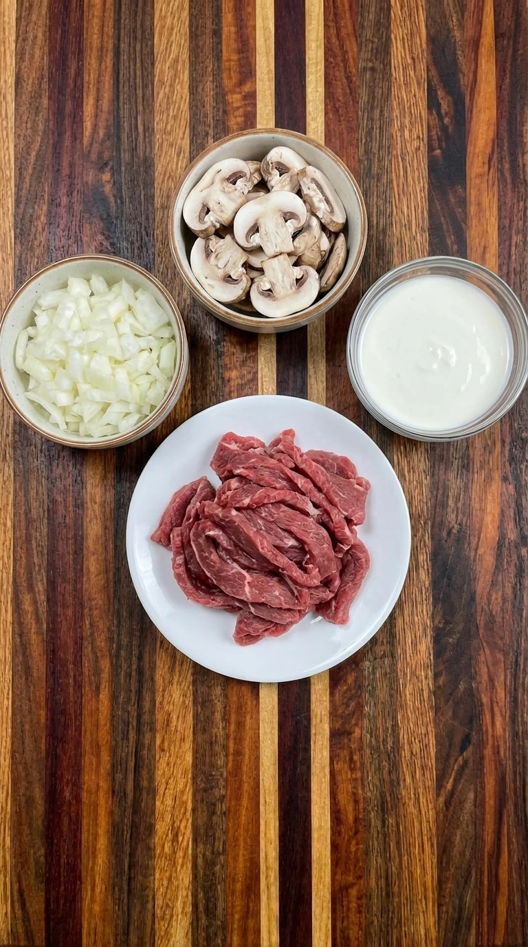 ingredients for beef stroganoff in bowls