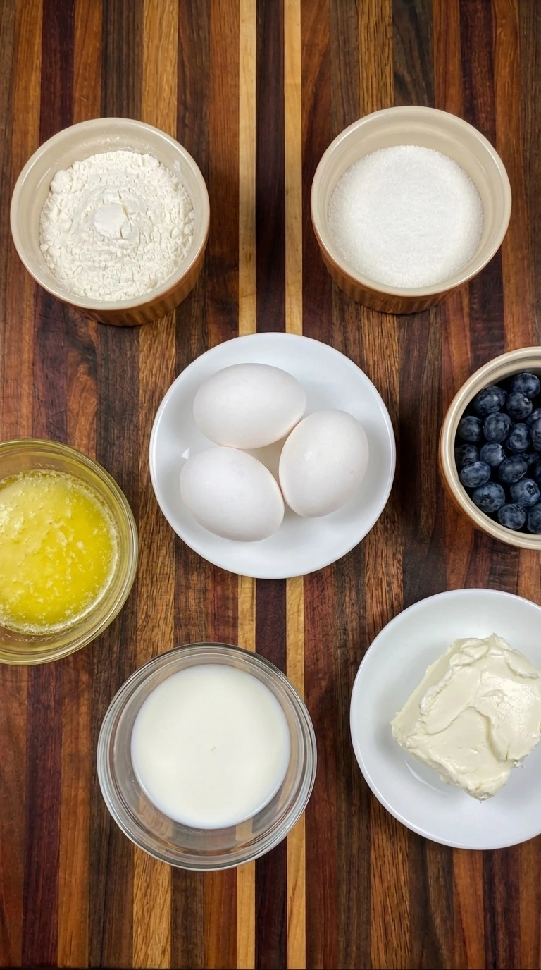 Ingredients for blueberry cream cheese bread arranged separately