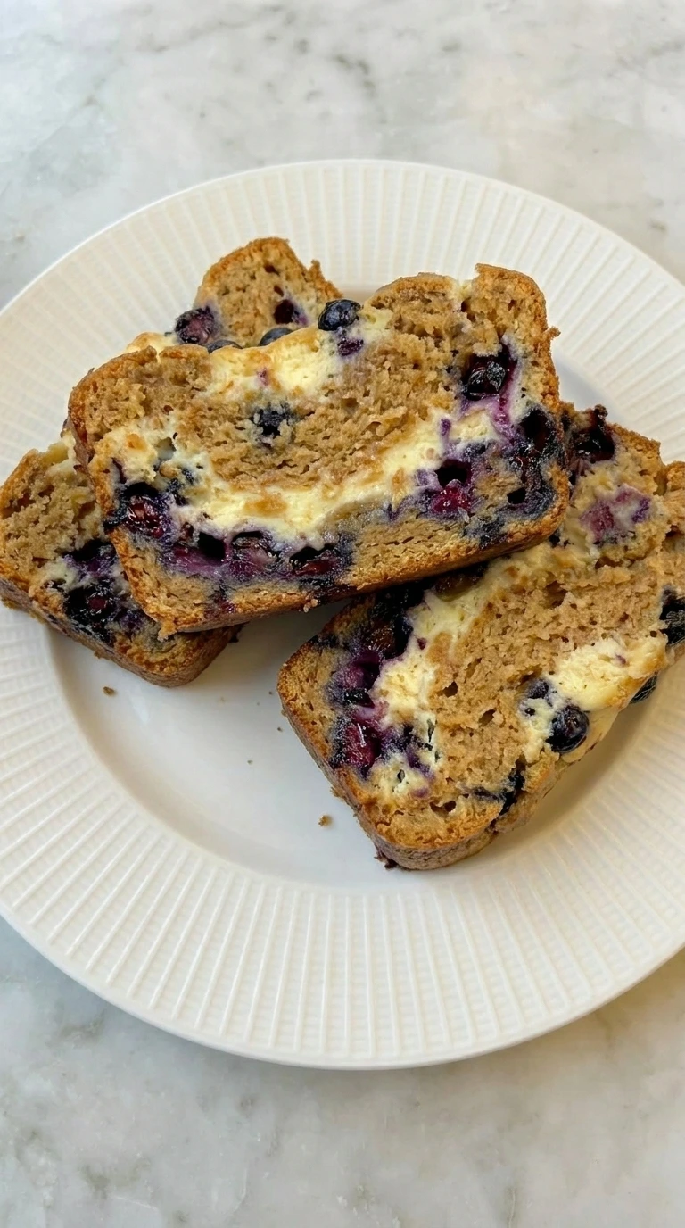 Blueberry Cream Cheese Bread sliced with visible blueberry and cream cheese swirls