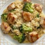 Cheesy Chicken Broccoli Orzo in a bowl with melted cheese