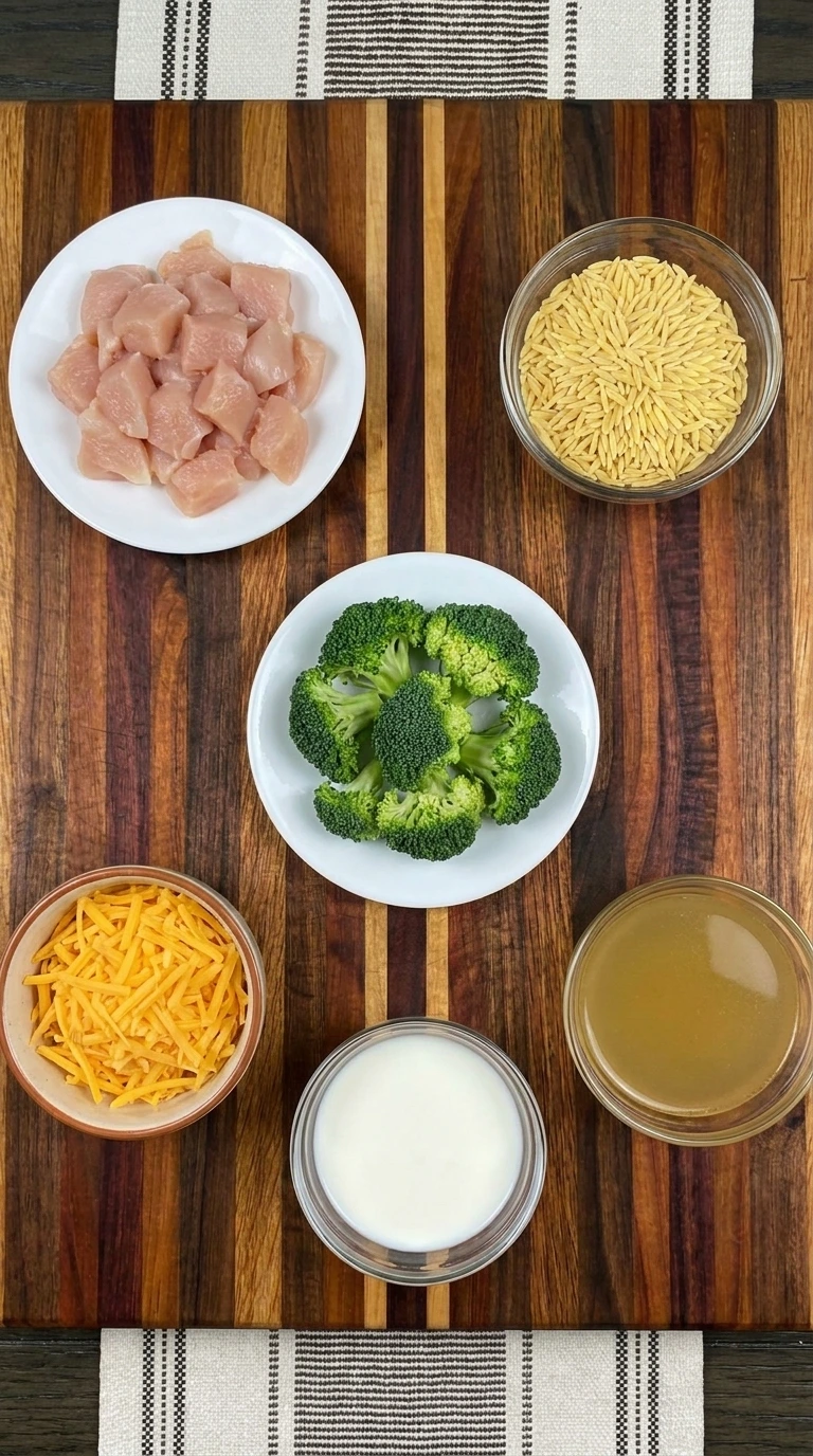 Ingredients for Cheesy Chicken Broccoli Orzo
