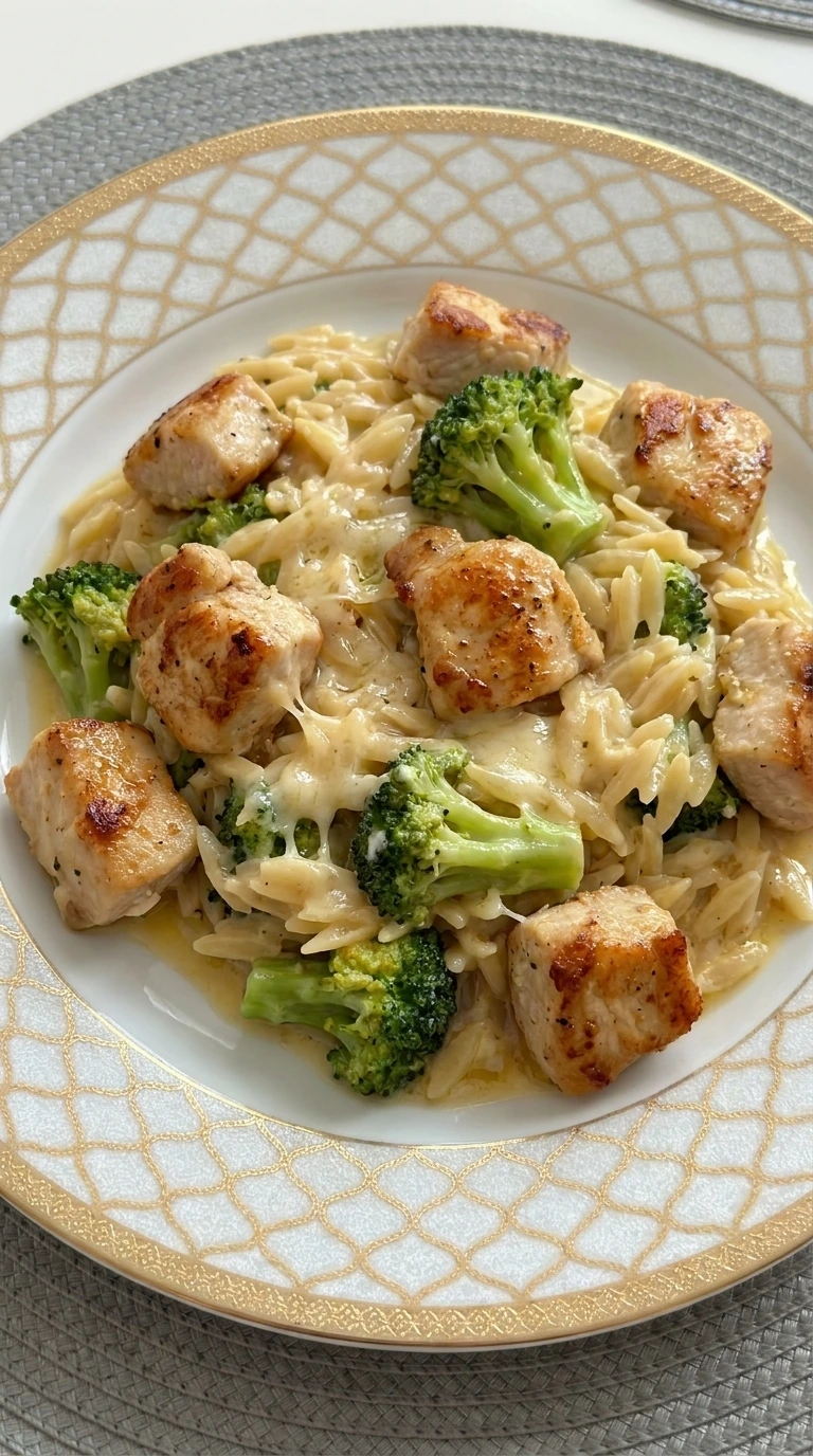 Cheesy Chicken Broccoli Orzo in a bowl with melted cheese