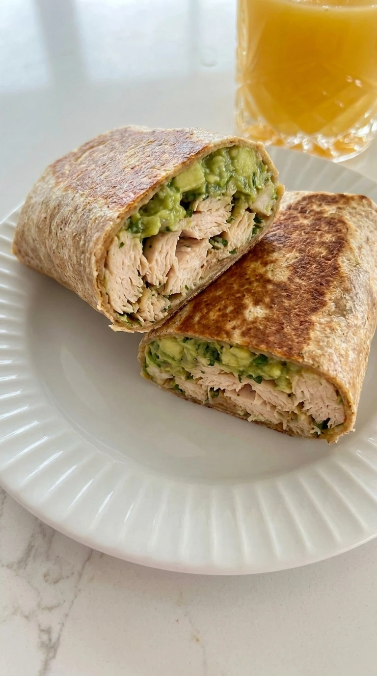 Chicken Avocado Wrap sliced showing creamy avocado and juicy chicken