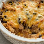 Chicken Burrito Casserole baked with melted cheese