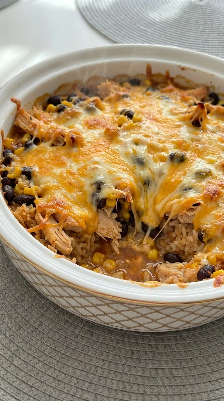 Chicken Burrito Casserole baked with melted cheese