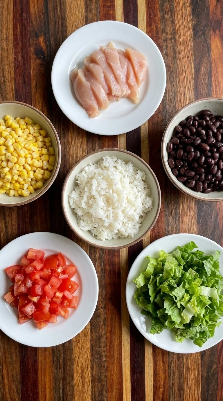 Ingredients for Chicken Taco Bowl in separate containers