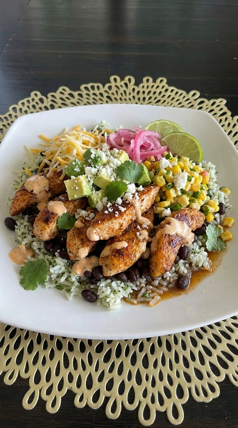 Chicken Taco Bowl with rice beans corn and toppings