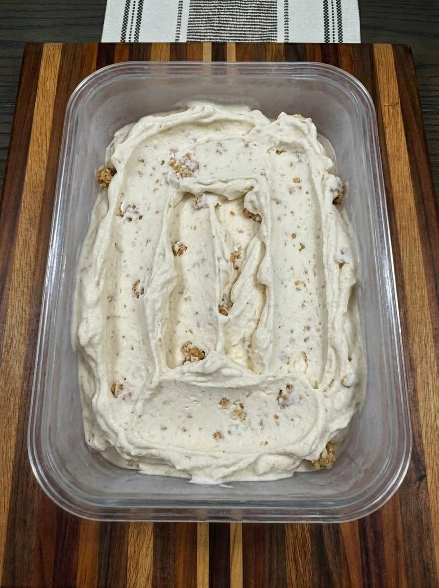 Rhubarb Crisp Ice Cream churn mixture