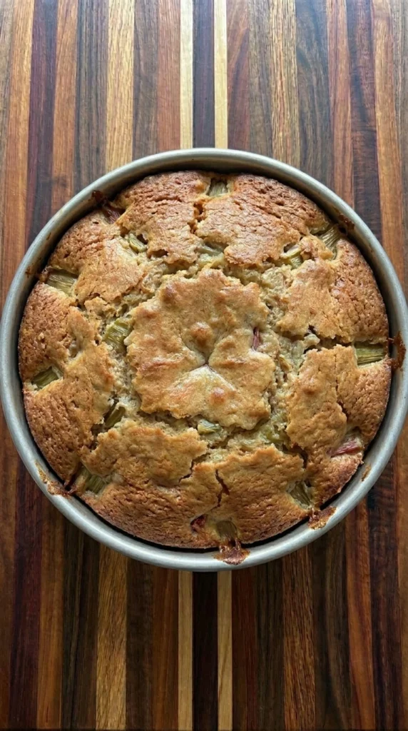 Classic Rhubarb Cake with golden crust and soft rhubarb pieces