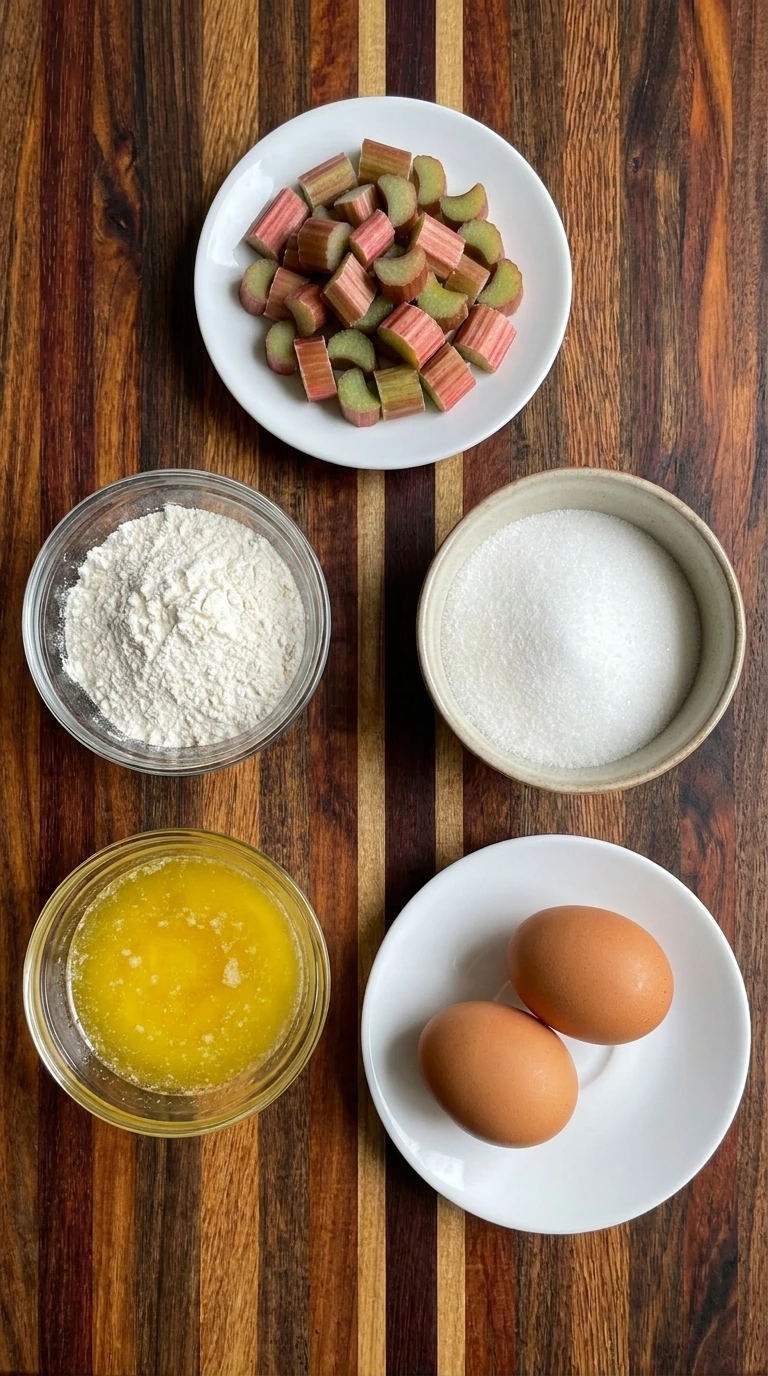 Ingredients for Classic Rhubarb Cake arranged separately