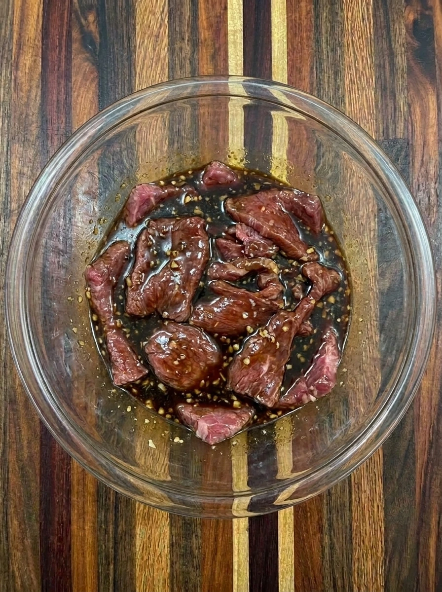 Beef coated in sauce