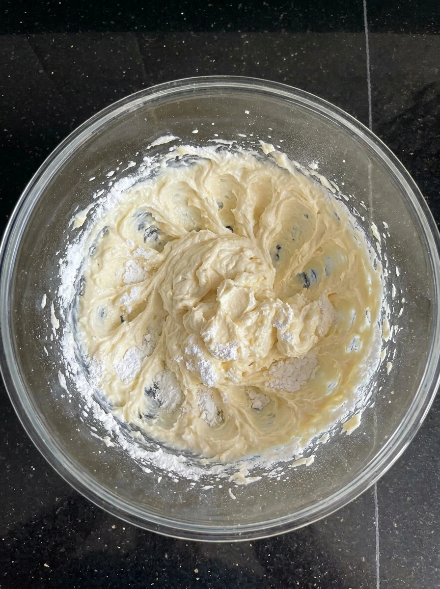 cream cheese and sugar blended into smooth mixture
