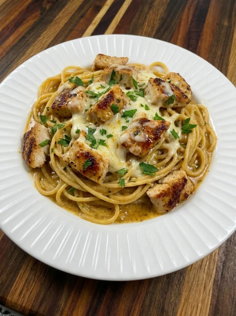 Crockpot Chicken Spaghetti creamy cheesy pasta