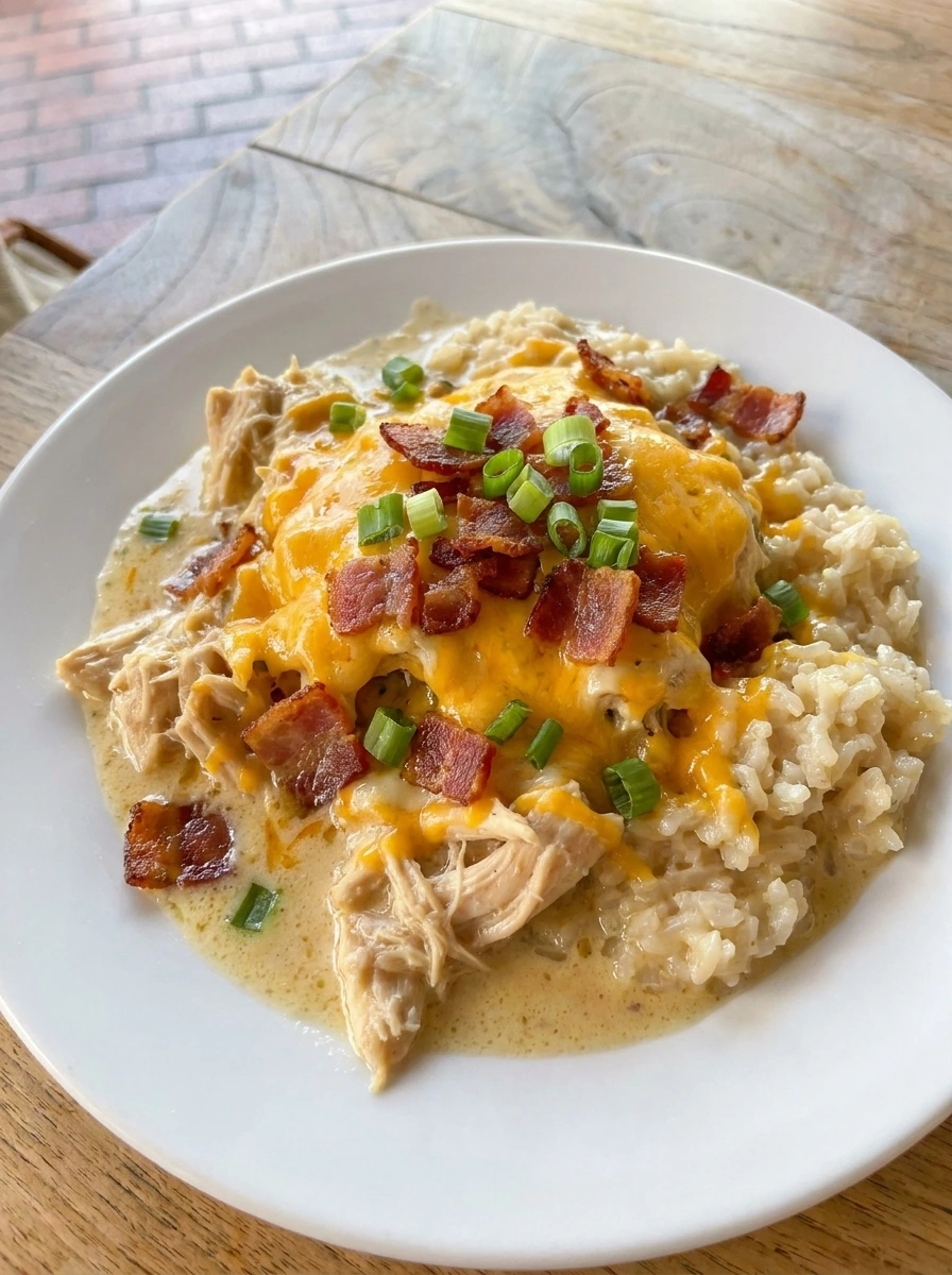 Crockpot Crack Chicken and Rice creamy plated dish