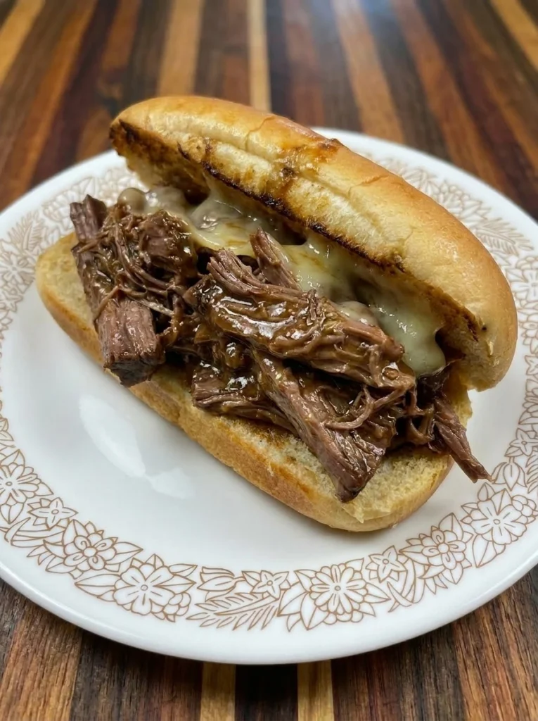 Crockpot French Dip Sandwiches with melted cheese and juicy beef