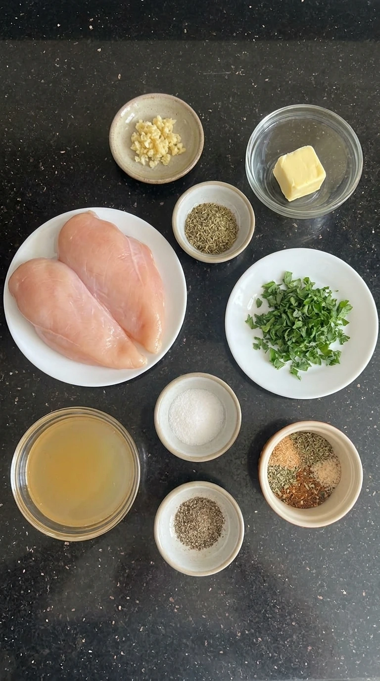 Ingredients for Crockpot Garlic Butter Chicken in separate bowls