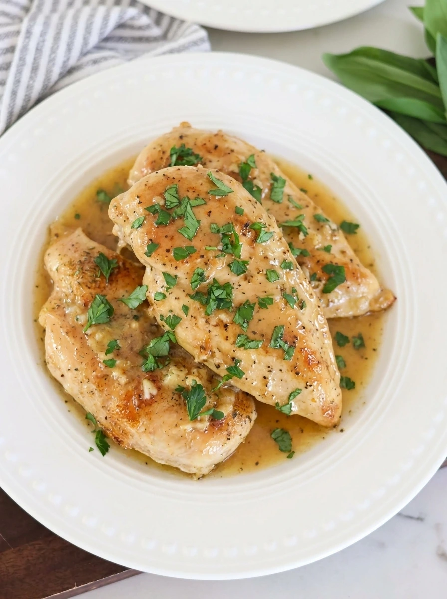 Plated garlic butter chicken with parsley
