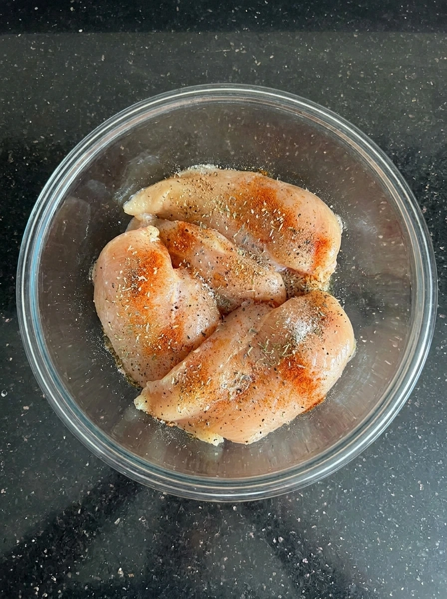Seasoned raw chicken breasts