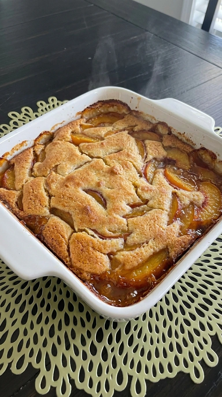 Easy Peach Cobbler golden topping and juicy peaches
