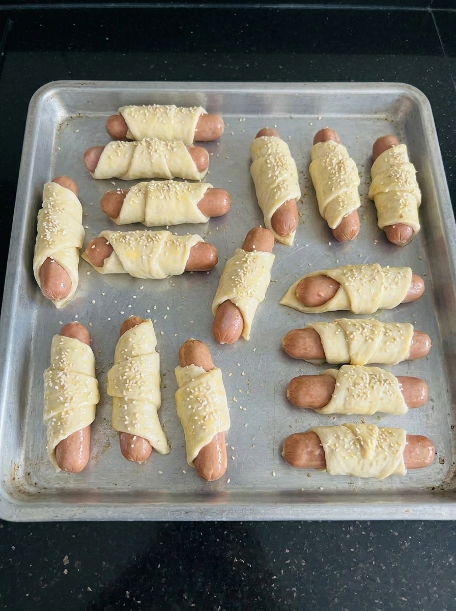 Egg washed pigs in a blanket with sesame seeds
