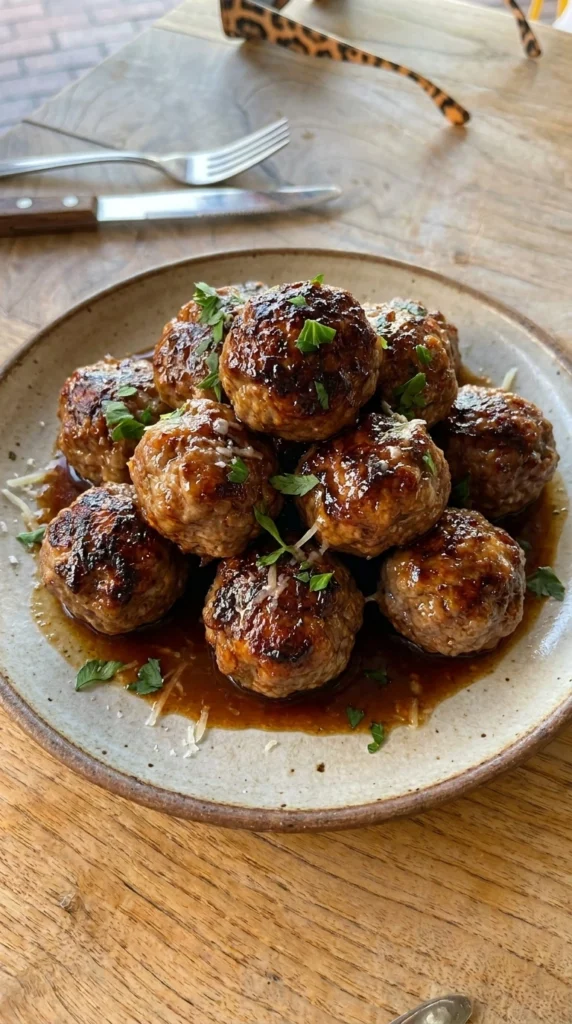 Firecracker Meatballs plated with glossy spicy sauce