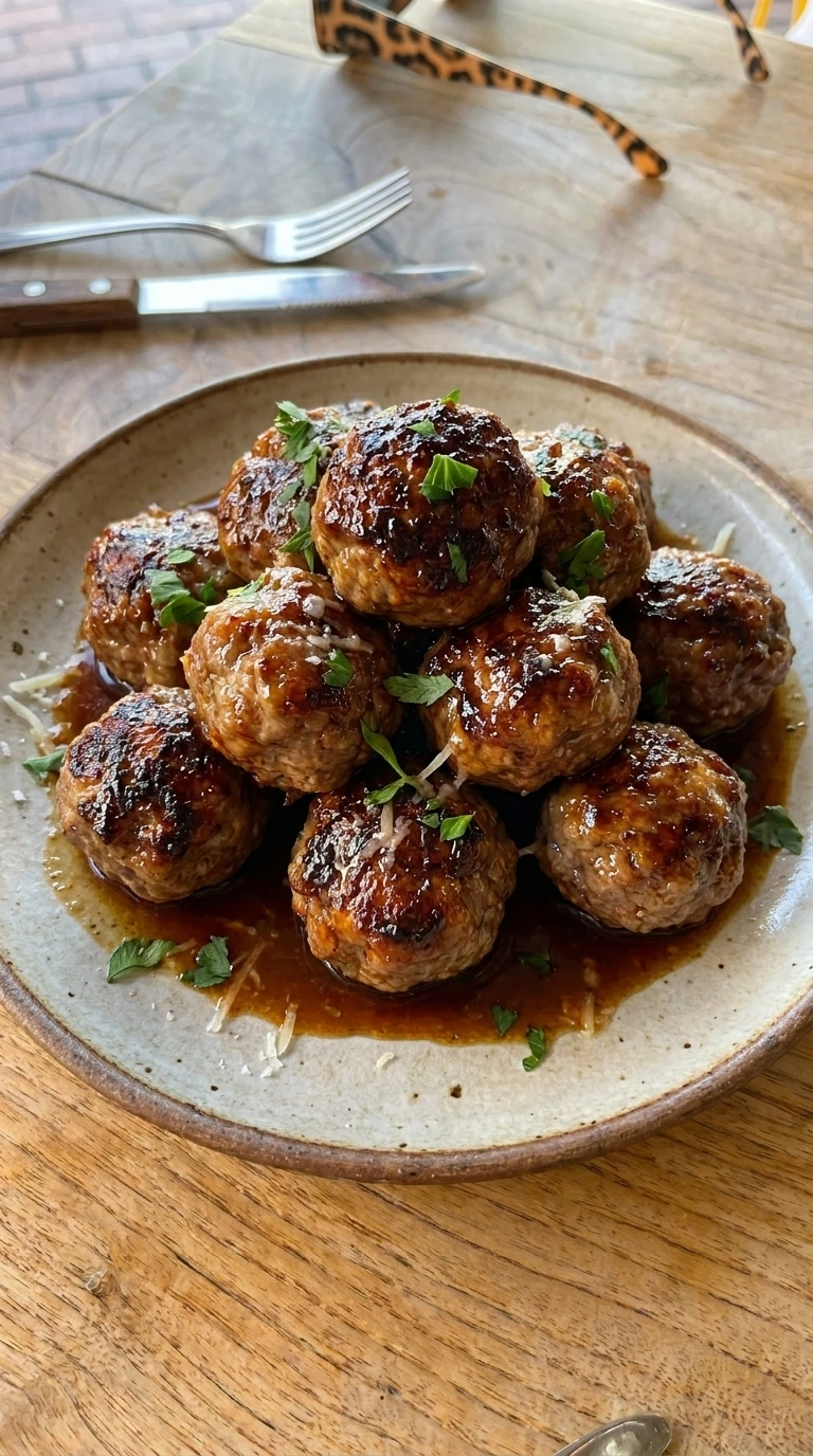 Firecracker Meatballs plated with glossy spicy sauce