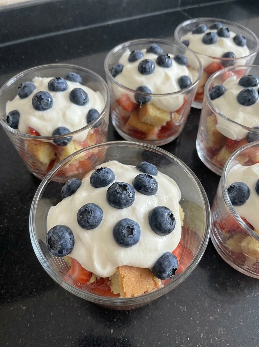 Cream and blueberries layered