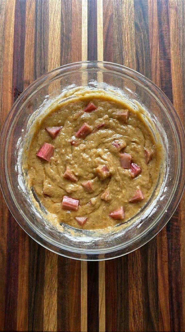 Rhubarb folded into cake batter