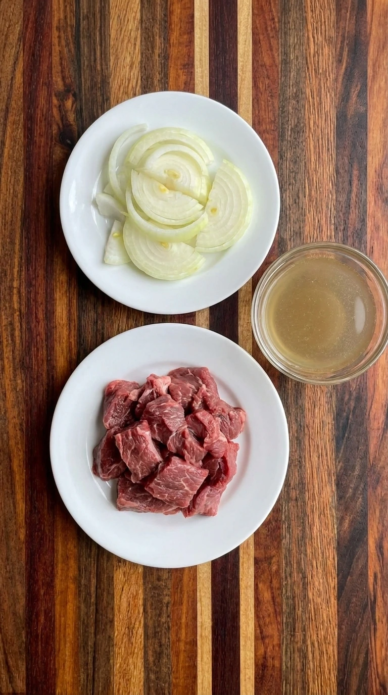 Ingredients for Crockpot French Dip Sandwiches arranged separately