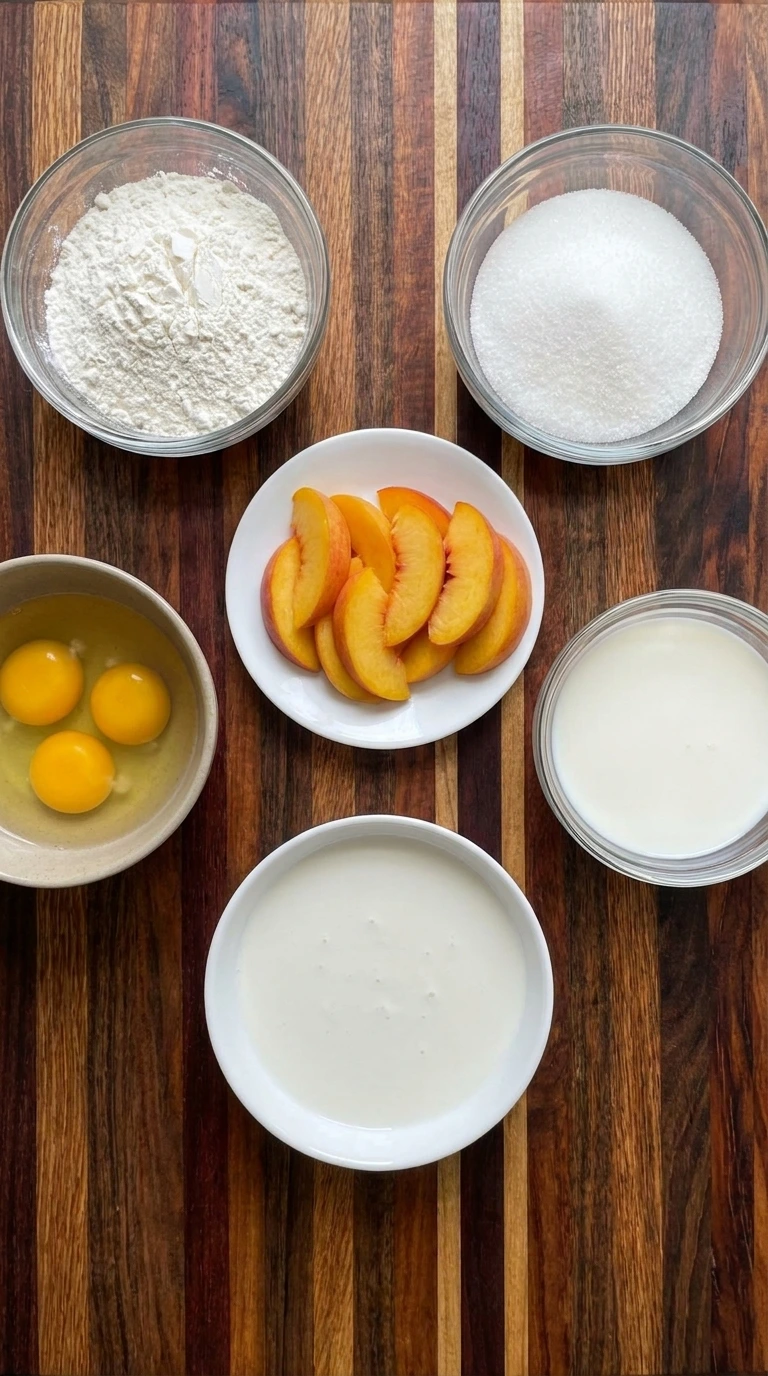 Ingredients for Fresh Peach Cake in separate containers