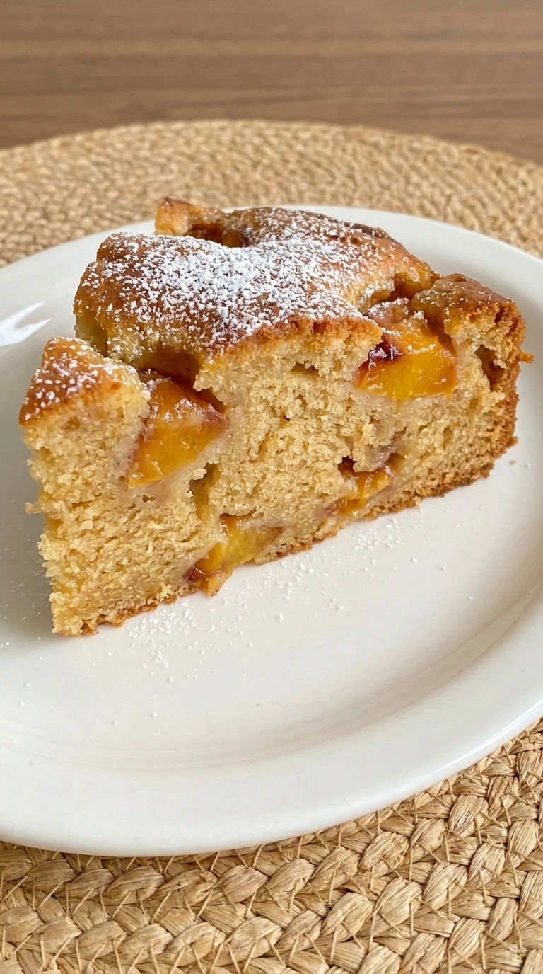 Fresh Peach Cake with golden top and baked peach slices