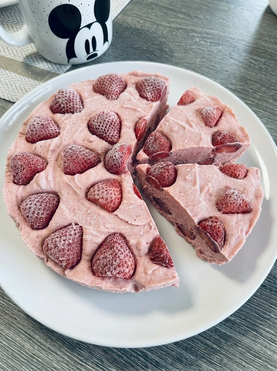 frozen strawberry lemonade pie slice with creamy filling and strawberry topping