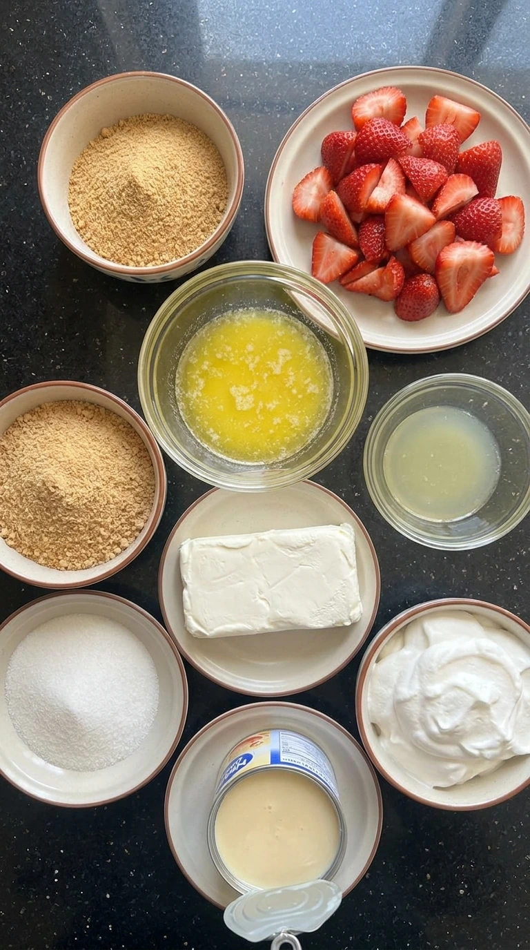 ingredients for frozen strawberry lemonade pie arranged separately