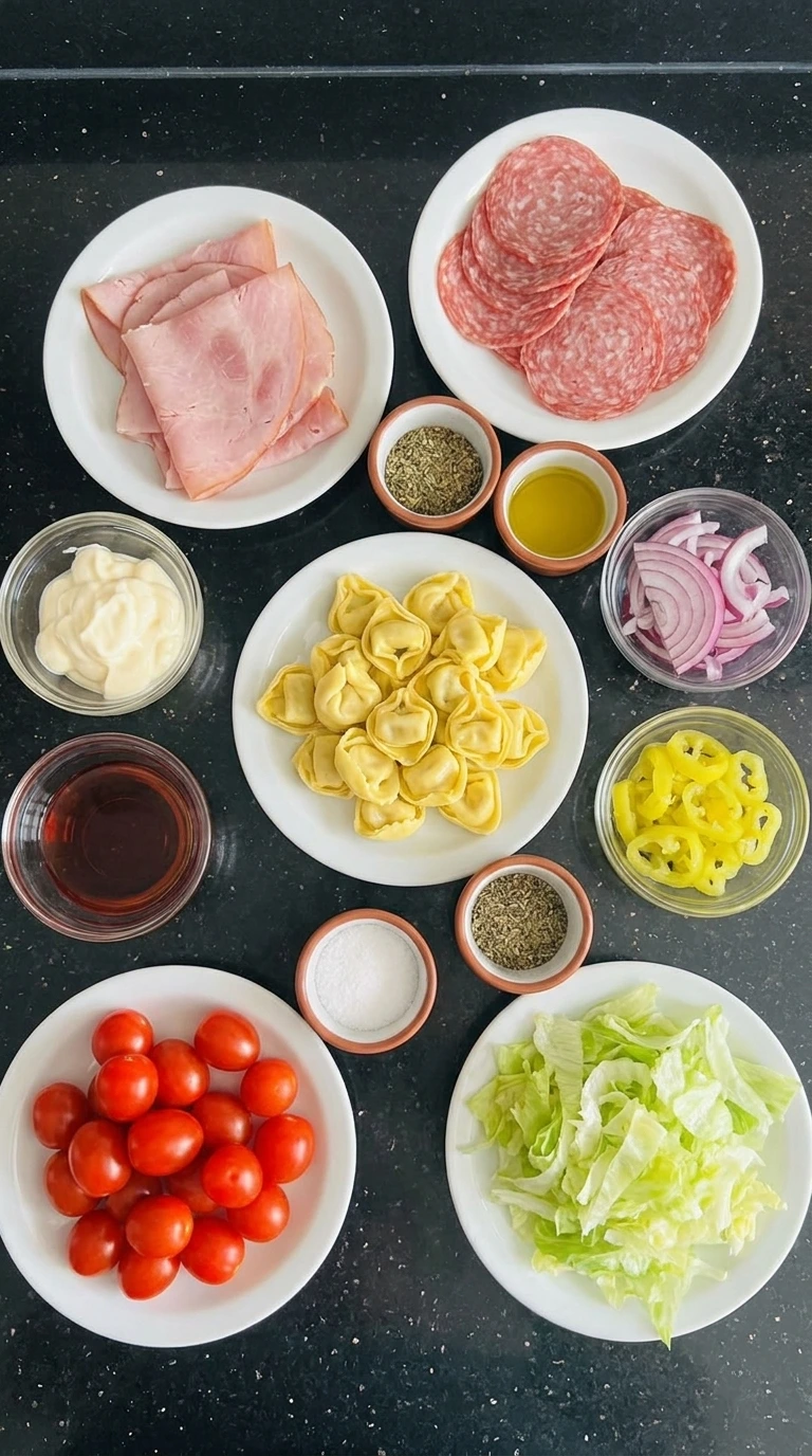 Ingredients for grinder tortellini salad