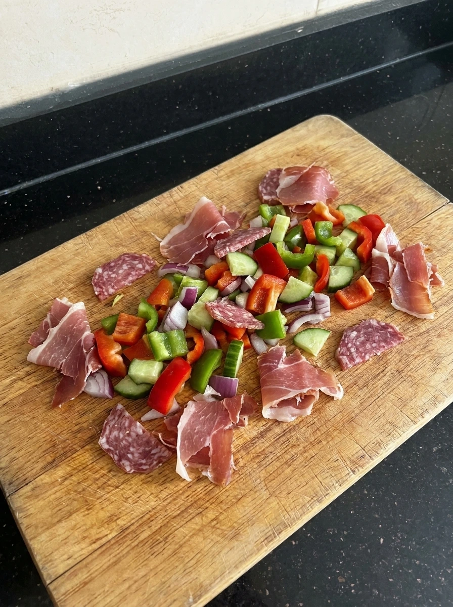 Sliced meats and vegetables