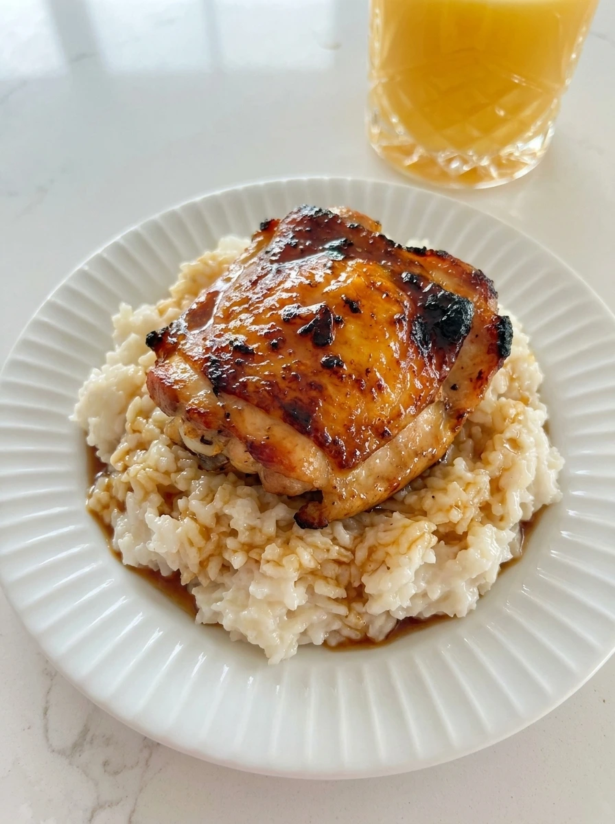 Hawaiian Chicken with Coconut Rice plated with pineapple glaze